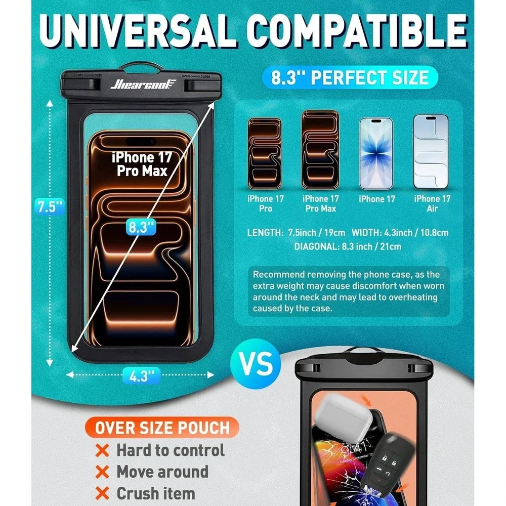 Waterproof Phone Pouch Universal Compat 8.3 inch Touch Screen Lanyard Black Blue